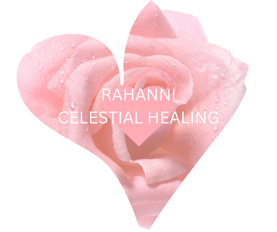 A pink rose covered in water droplets is framed by a heart shape. In the centre, the text reads "Rahanni Celestial Healing" on a heart background.